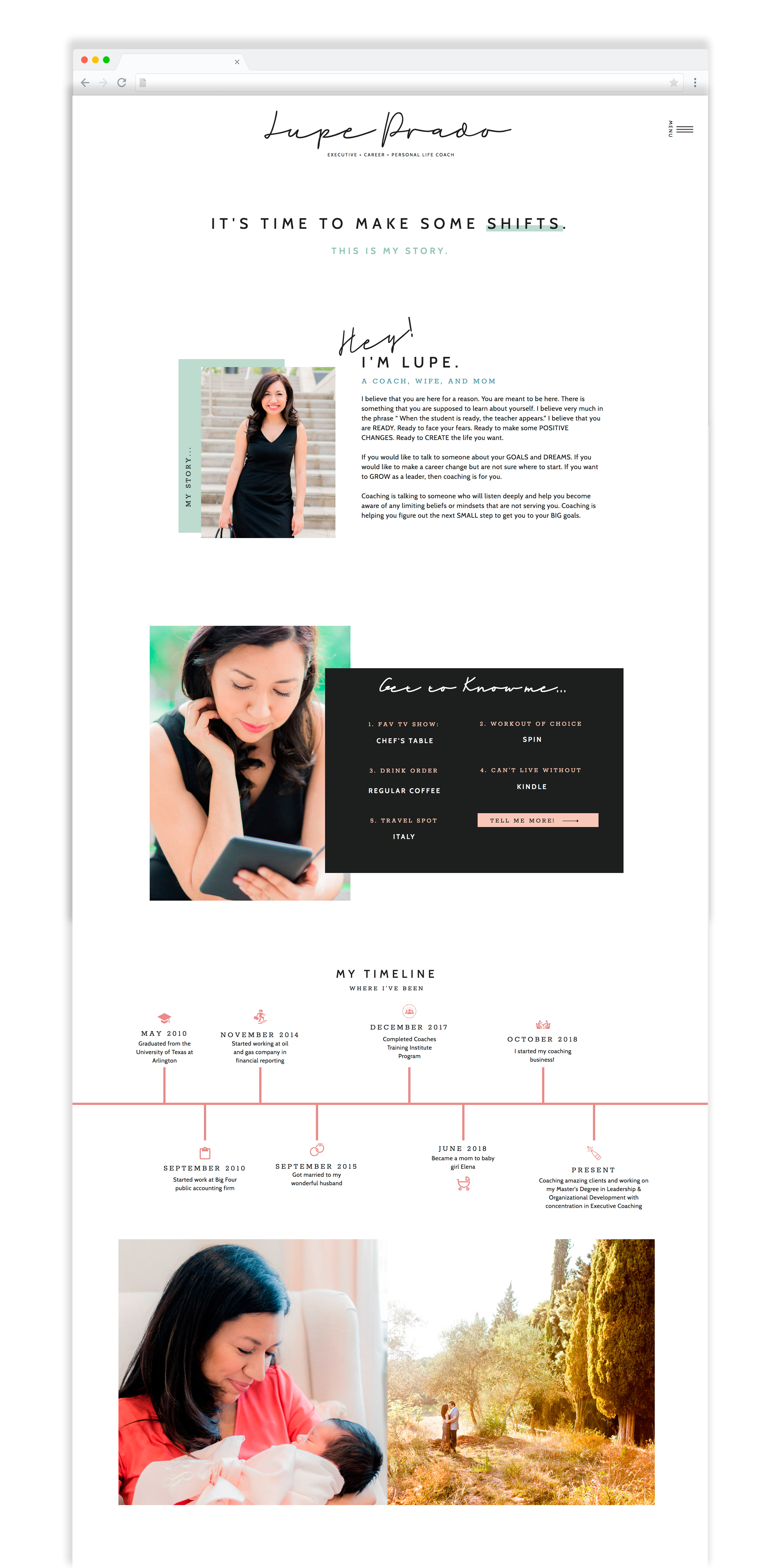 Showit-Template - EM Shop - Career Coaches Beautiful about page example for life coaches and personal brand based businesses.
