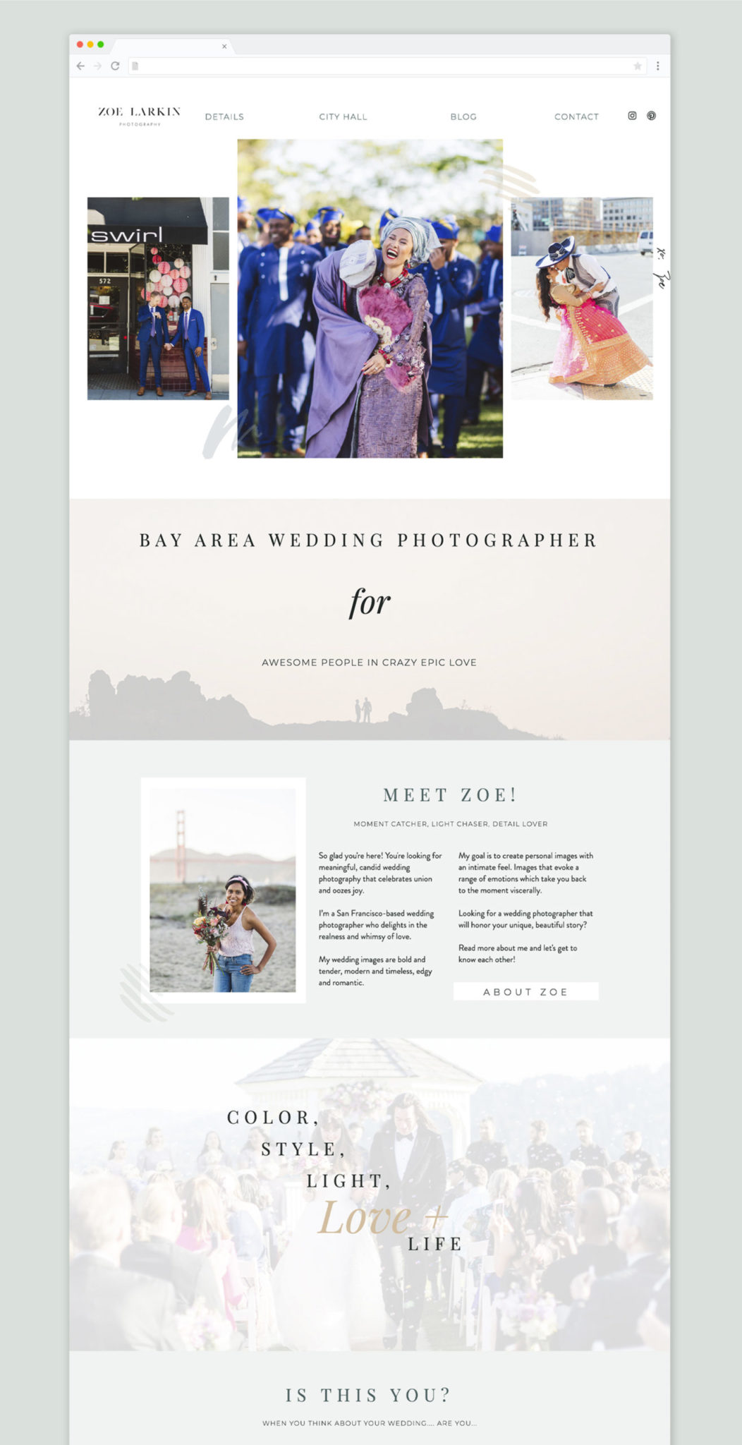 Zoe Larkin, wedding photographer's Showit website from EM Shop template.