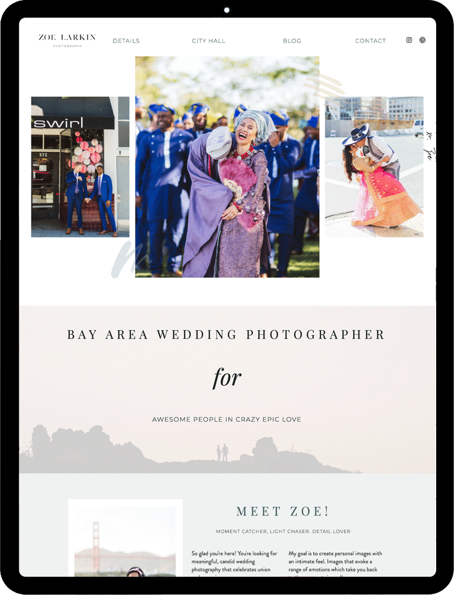 Zoe Larkin's photography website on Showit with EM Shop template.