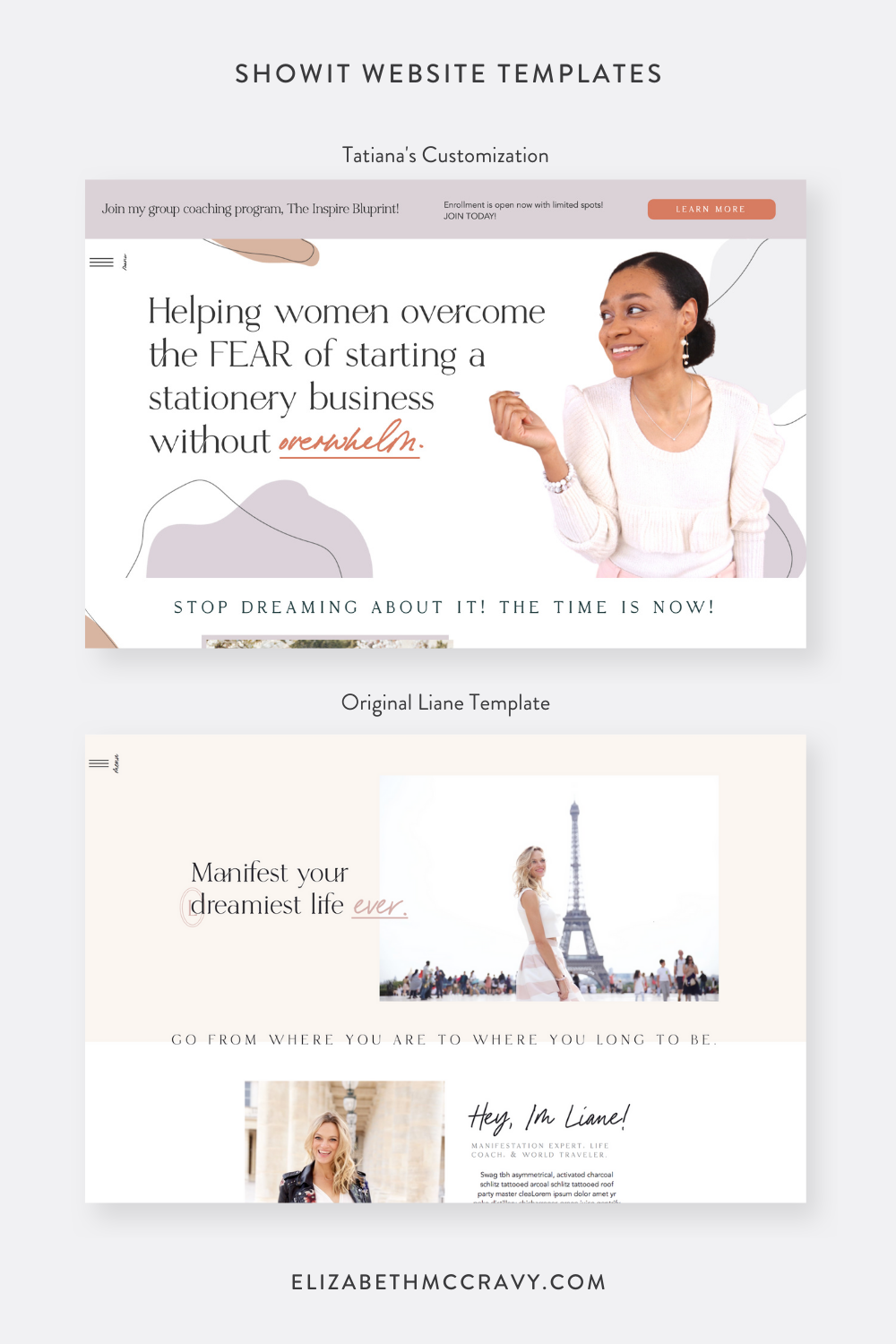 See a side by side comparison of Tatiana Muse's website customization and the Liane Showit template from EM Shop.