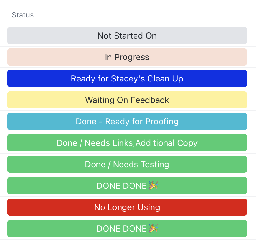 clickup statuses I used to track my website redesign