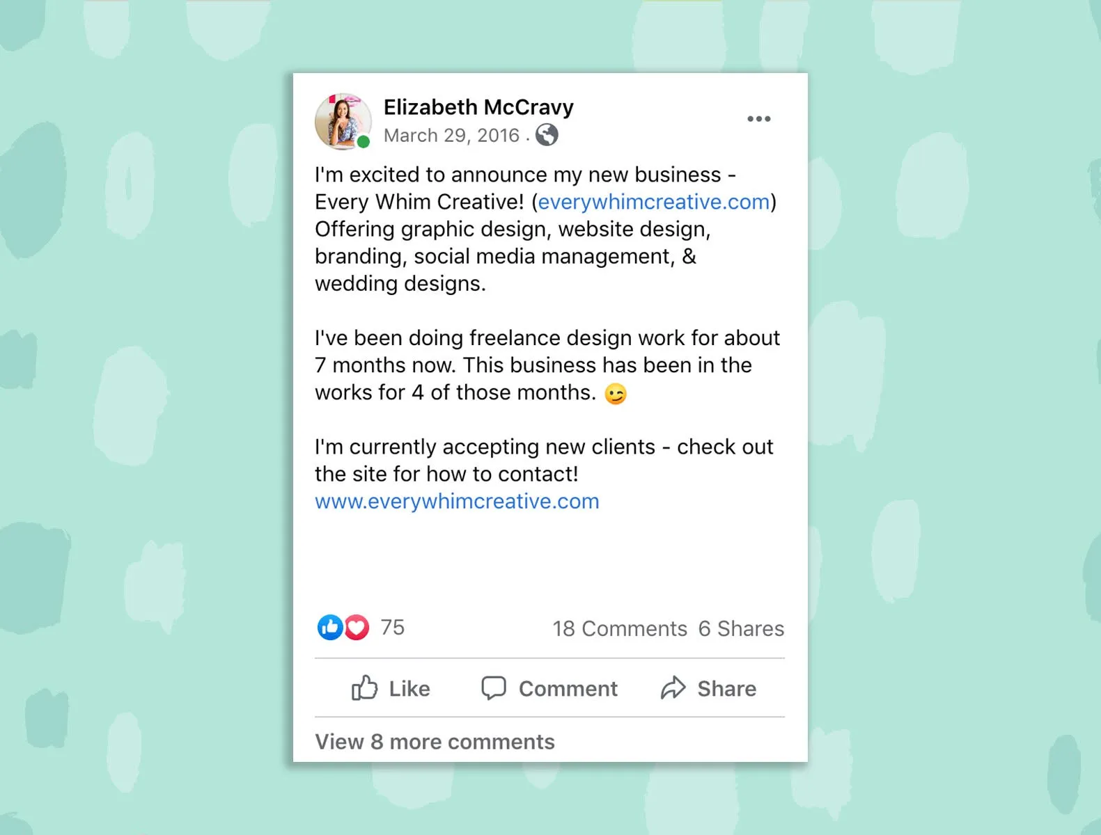 a screenshot of my day one as a business owner facebook post